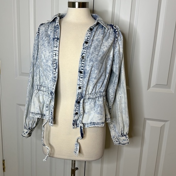 Free People Denim Top Balloon Sleeve Tie Waist SzXS - Picture 6 of 8